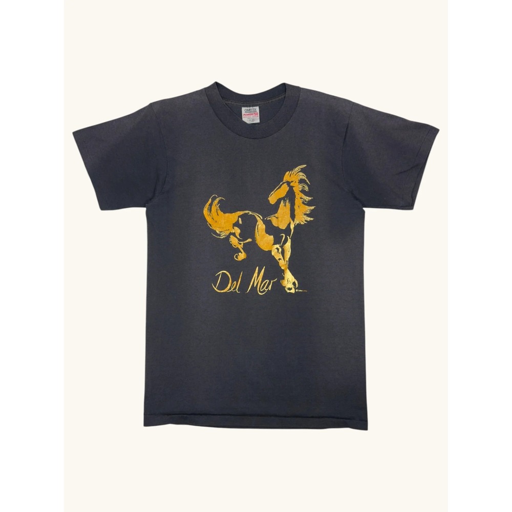 Vintage Oneita Del Mar Horse T-Shirt Gold Graphic Single Stitch Black Large USA